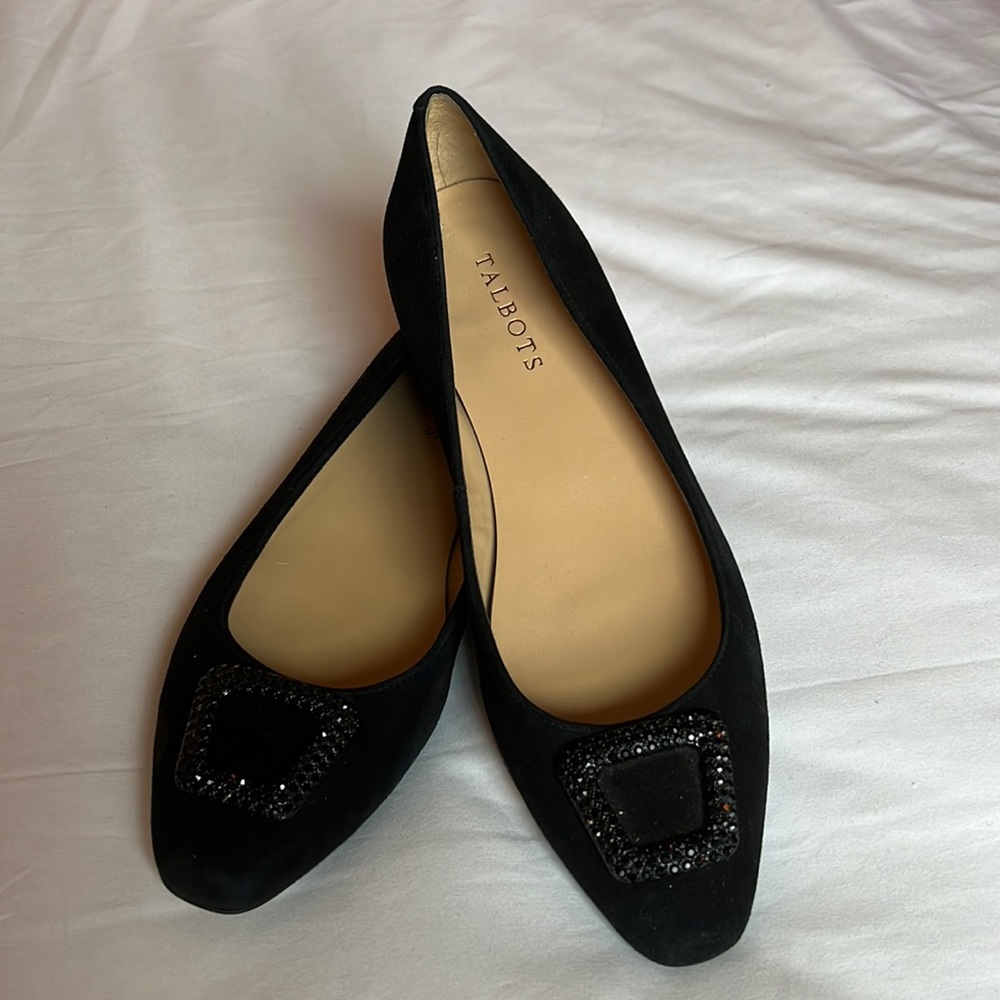 Talbots 9 M Black Suede Leather Rhinestone Buckled Flats